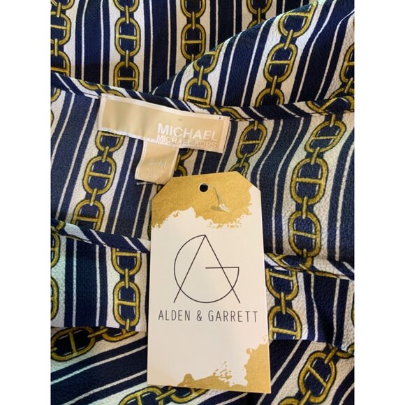 Michael Kors Navy Blue White Striped & Gold Chain Patterned Top, Size S/M - Picture 5 of 5